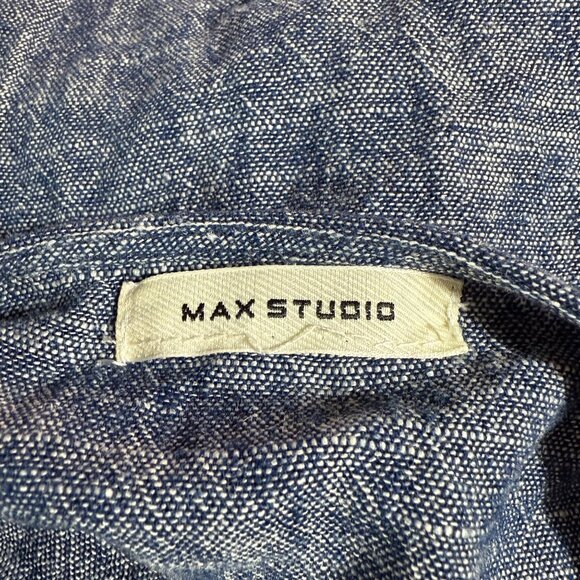 Max Studio Womens Chambray Dress Large Linen Blend V-Neck Coastal Cottagecore - Picture 10 of 12